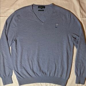 Mens Luxury Soft Italian Merino Wool Light Blue Sweater V Neck Size Large